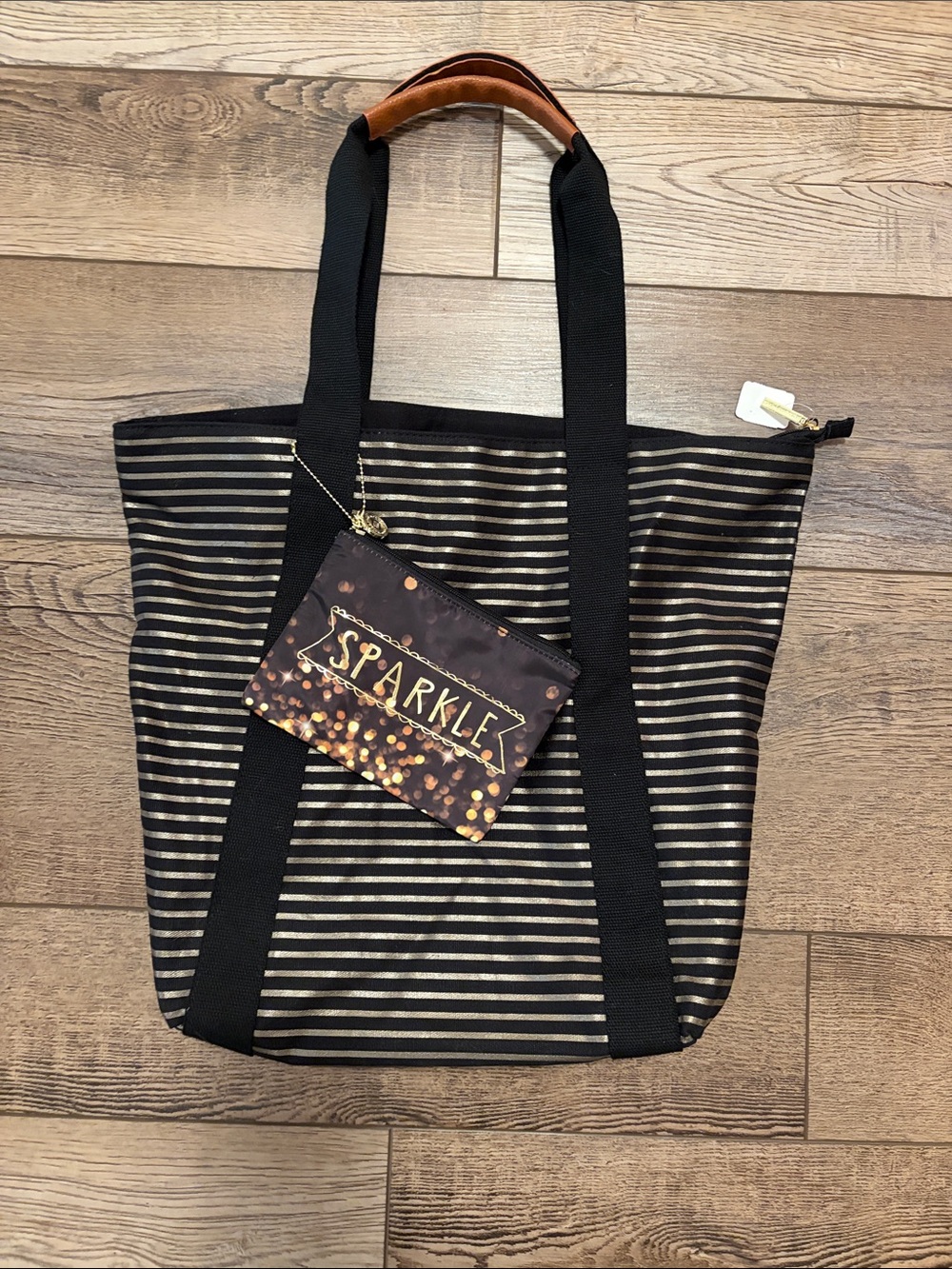 Bath & Body Works Black and Gold Striped Tote with Sparkle Wristlet
